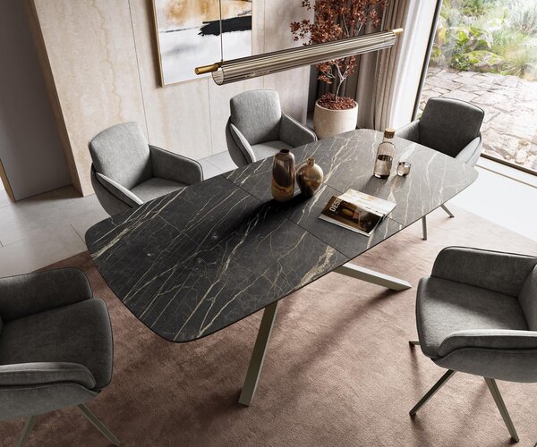 DELIFE Jídelní stůl Edge oválný 180-220×100 cm Laminam® keramika Noir Desir hnědá křížová podnož obdélníkový titanová barva rozkládací