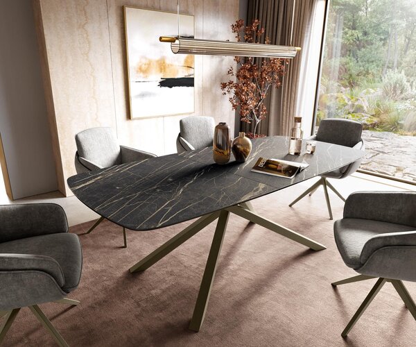 DELIFE Jídelní stůl Edge oválný 180-220×100 cm Laminam® keramika Noir Desir hnědá křížová podnož obdélníkový titanová barva rozkládací