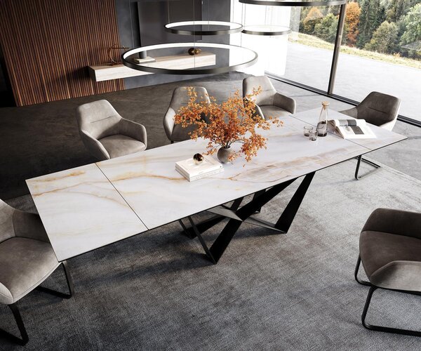 DELIFE Jídelní stůl Edge 200-300×100 cm keramika Onyx Pearl Spider plochý ocel černá rozkládací