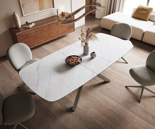 DELIFE Jídelní stůl Edge tvar obdélník 180-220×100 cm keramika Laminam® Statuarietto bílá křížová podnož titanová barva rozkládací