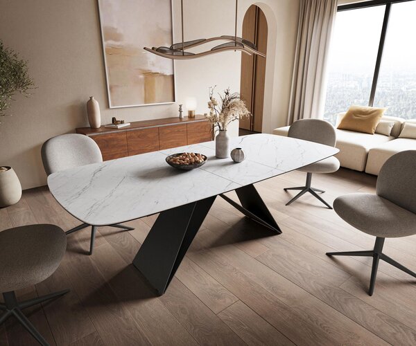 DELIFE Jídelní stůl Edge Boot 180-220x100 cm keramika Laminam® Statuarietto bílá podnož ve tvaru V plochá ocel černá rozkládací