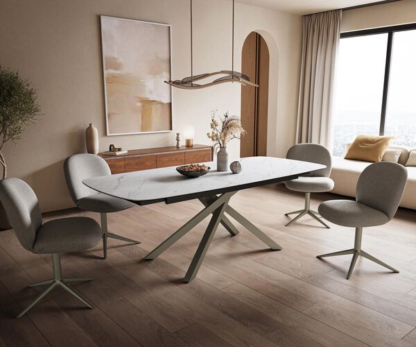 DELIFE Jídelní stůl Edge tvar obdélník 180-220×100 cm keramika Laminam® Statuarietto bílá křížová podnož titanová barva rozkládací