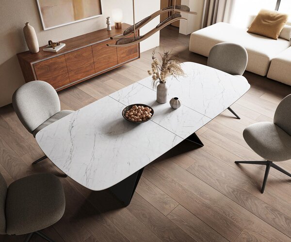 DELIFE Jídelní stůl Edge Boot 180-220x100 cm keramika Laminam® Statuarietto bílá podnož ve tvaru V plochá ocel černá rozkládací