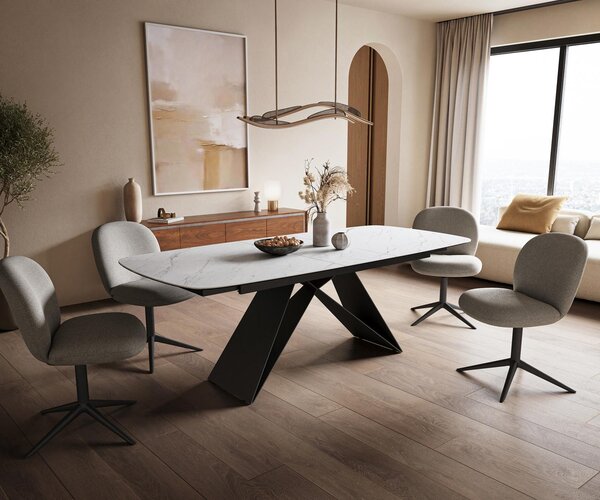DELIFE Jídelní stůl Edge Boot 180-220x100 cm keramika Laminam® Statuarietto bílá podnož ve tvaru V plochá ocel černá rozkládací