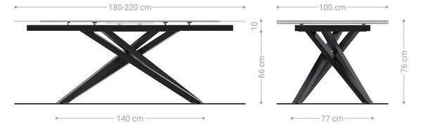 DELIFE Jídelní stůl Edge tvar obdélník 180-220×100 cm keramika Laminam® Statuarietto bílá křížová podnož titanová barva rozkládací