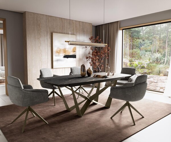 DELIFE Jídelní stůl Edge oválný tvar 180-220×100 cm Laminam® keramika Noir Desir hnědá Spider kov titanová barva rozkládací