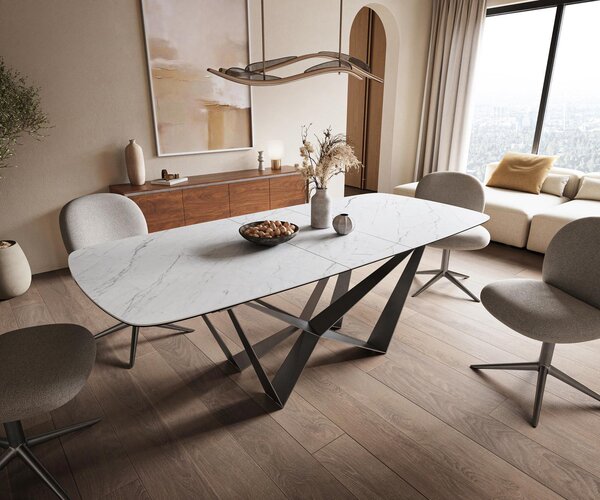 DELIFE Jídelní stůl Edge tvar oválný 180-220x100 cm keramika Laminam® Statuarietto bílá Spider plochá ocel nerezová ocel grafit rozkládací