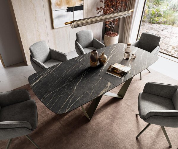 DELIFE Jídelní stůl Edge oválný tvar 180-220×100 cm Laminam® keramika Noir Desir hnědá Spider kov titanová barva rozkládací