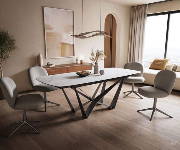 DELIFE Jídelní stůl Edge tvar oválný 180-220x100 cm keramika Laminam® Statuarietto bílá Spider plochá ocel nerezová ocel grafit rozkládací