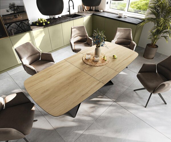 DELIFE Jídelní stůl Edge Boot 180-220×100 cm keramika Laminam® Sabbia dubová barva podnož ve tvaru V plochá ocel černá rozkládací