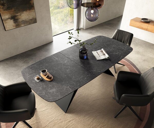 DELIFE Jídelní stůl Edge Boot 180-220×100 cm keramika Laminam® Nero Greco antracitová podnož ve tvaru V plochá ocel černá rozkládací