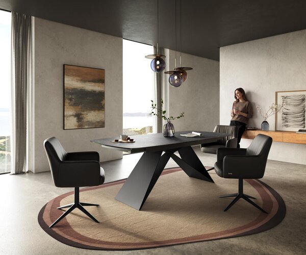 DELIFE Jídelní stůl Edge Boot 180-220×100 cm keramika Laminam® Nero Greco antracitová podnož ve tvaru V plochá ocel černá rozkládací