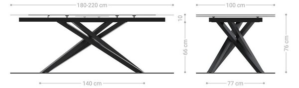 DELIFE Jídelní stůl Edge tvaru oválu 180-220×100 cm keramika Laminam® Sabbia dubová barva křížová podnož obdélníkový titanová barva rozkládací