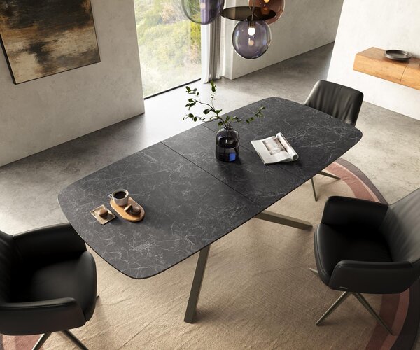 DELIFE Jídelní stůl Edge tvar obdélník 180-220×100 cm keramika Laminam® Nero Greco antracitová křížová podnož titanová barva rozkládací