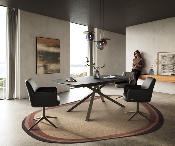 DELIFE Jídelní stůl Edge tvar obdélník 180-220×100 cm keramika Laminam® Nero Greco antracitová křížová podnož titanová barva rozkládací