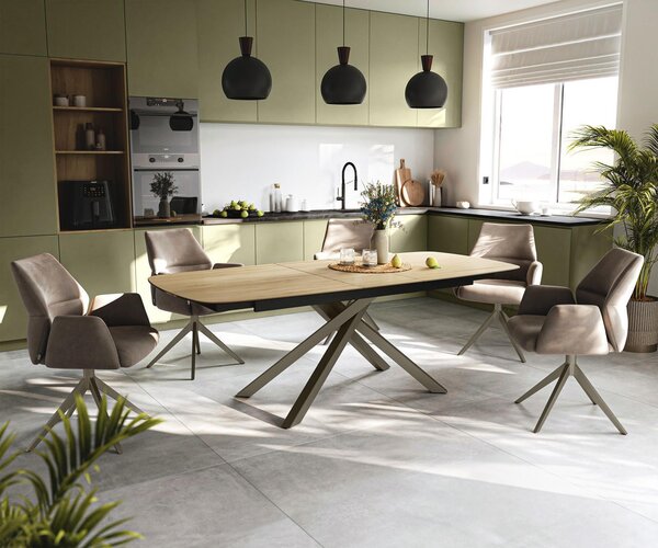 DELIFE Jídelní stůl Edge tvaru oválu 180-220×100 cm keramika Laminam® Sabbia dubová barva křížová podnož obdélníkový titanová barva rozkládací