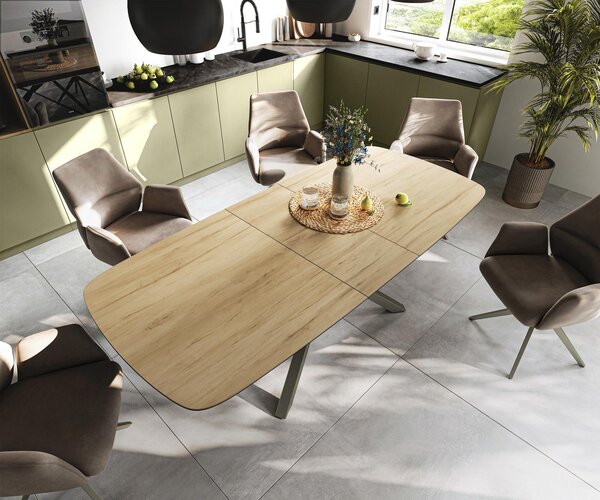 DELIFE Jídelní stůl Edge tvaru oválu 180-220×100 cm keramika Laminam® Sabbia dubová barva křížová podnož obdélníkový titanová barva rozkládací