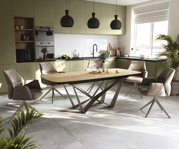 DELIFE Jídelní stůl Edge oválný tvar 180-220×100 cm keramika Laminam® Sabbia dubová barva Spider kov titanová barva rozkládací