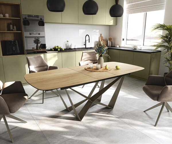 DELIFE Jídelní stůl Edge oválný tvar 180-220×100 cm keramika Laminam® Sabbia dubová barva Spider kov titanová barva rozkládací