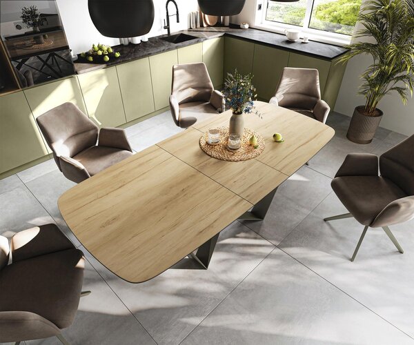 DELIFE Jídelní stůl Edge oválný tvar 180-220×100 cm keramika Laminam® Sabbia dubová barva Spider kov titanová barva rozkládací