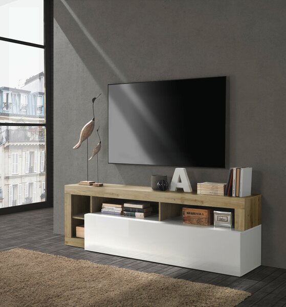 KOMODA POD TELEVIZI, barvy dubu, vysoce lesklá bílá, 184/58/42 cm Carryhome - Online Only obývací stěny, Online Only