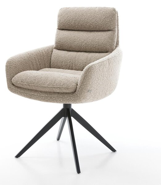 DELIFE Jídelní židle Abelia-Flex s područkami bouclé tmavě béžová křížová podnož široká černá 360° otočná houpací funkce