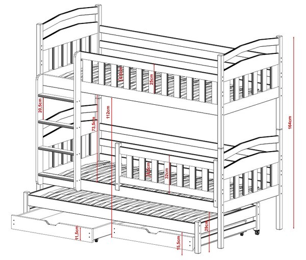 Patrová postel z masivu Bohdana pro 3 děti Velikost spací plochy: 200x90, Barva: bílá