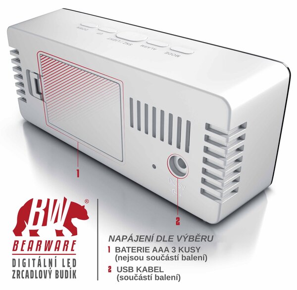 Budík Bearware, digitální zrcadlový budík LED s nočním režimem a zobrazením teploty, kosmetické zrcátko