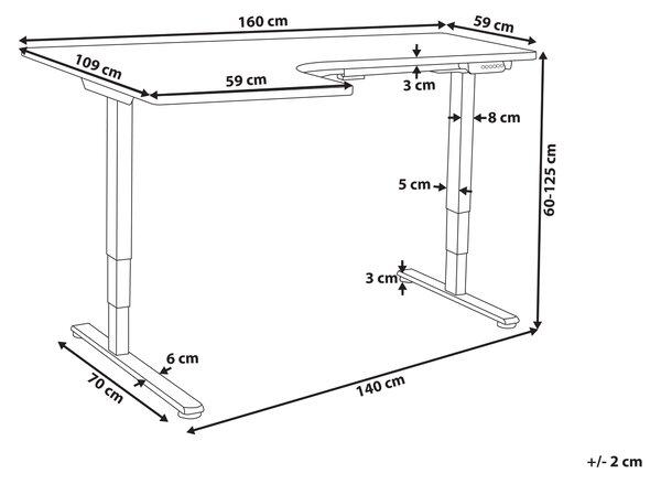 Elektricky nastavitelný rohový psací stůl DESTINES Černá/Bílá 160 cm 109 cm Levá