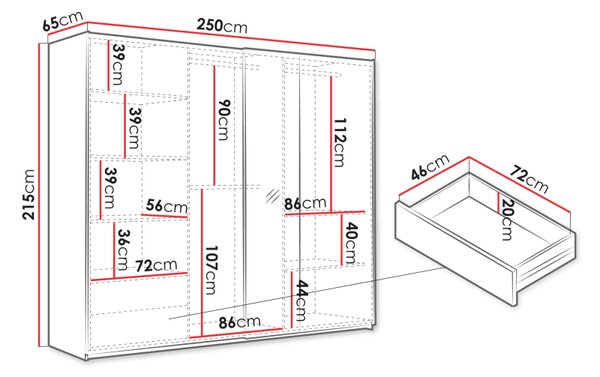 Šatní skříň se zrcadlem Tojwi 250, Barva: dub artisan / dub artisan + černá 5903211436154