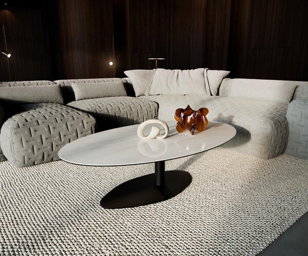 DELIFE Konferenční stolek Edge oválný 135×80 cm keramika onyx champagne Vibany kov černá