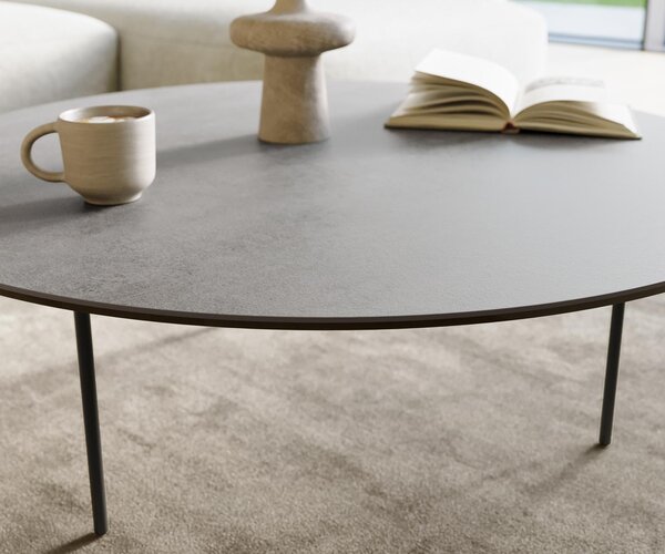 DELIFE Konferenční stolek Edge kulatý 100×100 cm keramika beton šedá Trive kov černá