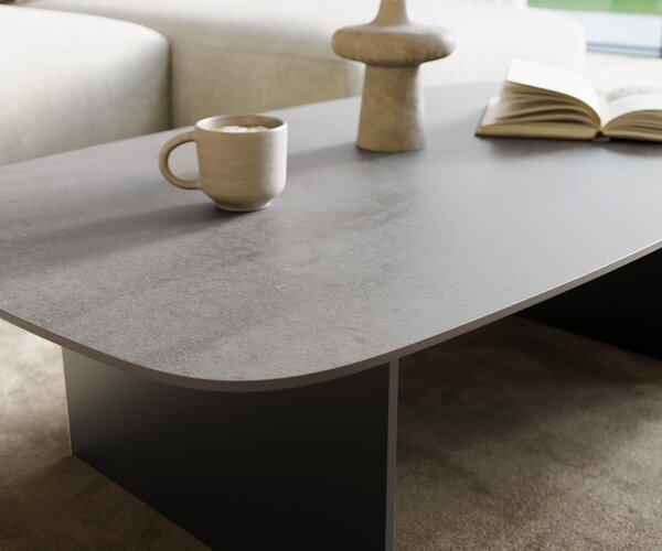 DELIFE Konferenční stolek Edge oválný 120×70 cm keramika beton šedá Salto kov černá