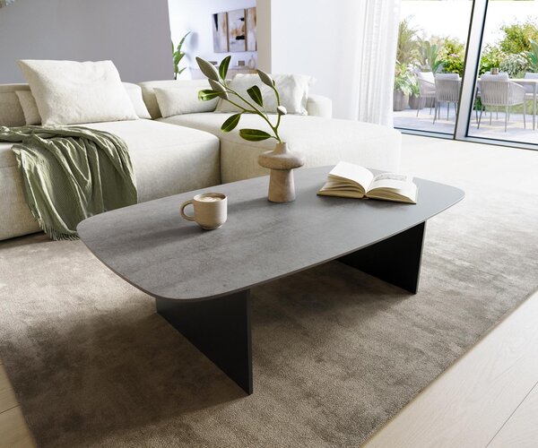 DELIFE Konferenční stolek Edge oválný 120×70 cm keramika beton šedá Salto kov černá