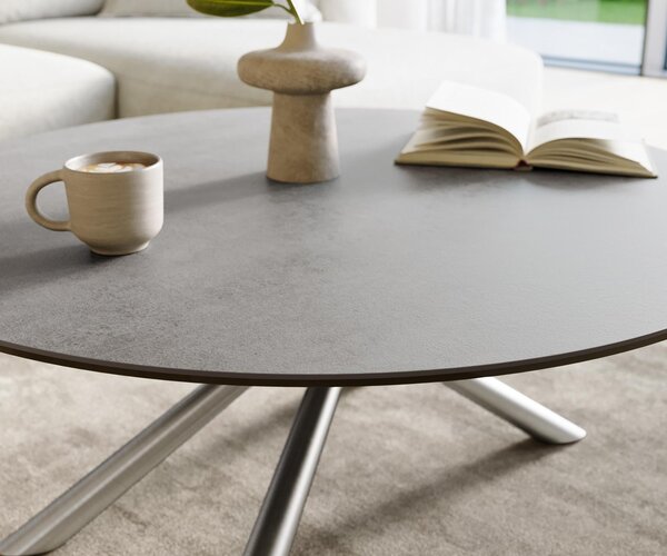 DELIFE Konferenční stolek Edge kulatý 100×100 cm keramika beton šedá Sarity nerezová ocel broušená