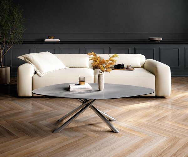 DELIFE Konferenční stolek Edge organický 140×76 cm keramika beton šedá Sarity nerezová ocel broušená