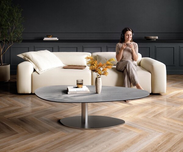 DELIFE Konferenční stolek Edge oválný 140×75 cm keramika beton šedá Vibany nerezová ocel broušená