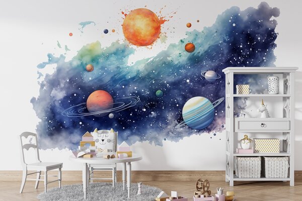 Fototapety Akvarel vesmír, planety, slunce, hvězdy, Fototapety space, w01803 : uwalls.cz