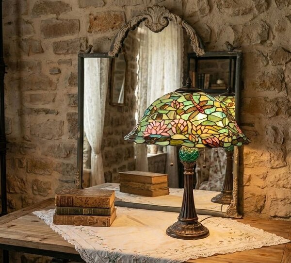 Stolní lampa Tiffany s tyrkysovým stínidlem Waterlily - Ø 47*60 cm - Clayre & Eef
