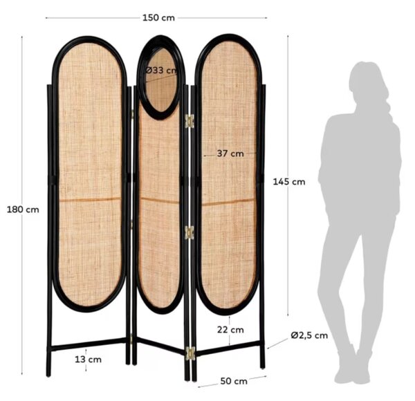 Černý ratanový paraván Kave Home Lalita 150 x 180 cm se zrcadlem