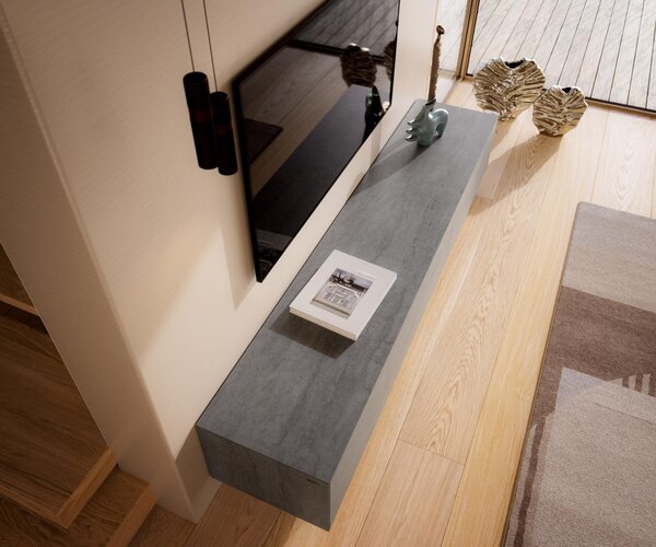 DELIFE TV stolek Cuor 220 cm keramika beton šedá 1 výklopná dvířka 2 zásuvky závěsný