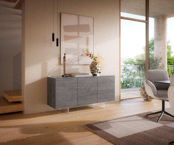 DELIFE Komoda Cuor 150 cm keramika beton šedá 3 dvířka podnož závěsná akrylglas