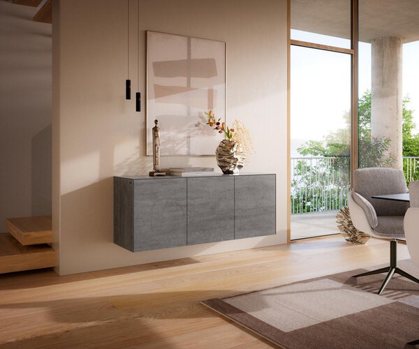 DELIFE Komoda Cuor 150 cm keramika beton šedá 3 dvířka závěsná