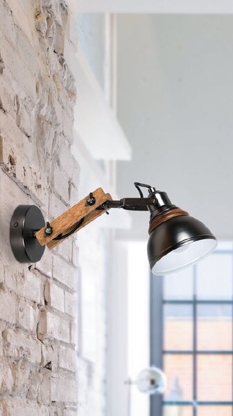 Rabalux 2723 AKSEL - Nástěnná industriální lampa s dřevěnou monturou (Naklápěcí nástěnná lampa, dřevo + černé stínidlo, bez vypínače)