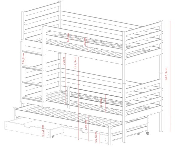 Patrová postel pro 3 děti - Dara 200x90 cm bílá