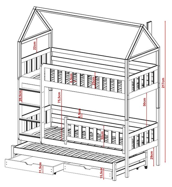Domečková postel pro 3 děti - Sába Barva: bílá, Velikost matrace: 180x80 cm