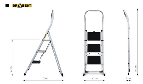 Ocelové schůdky 3 stupně DRABEST KITCHEN-3 PRO bílé