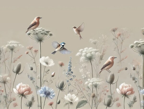 Fototapety Jemné polní květiny s ptáky na béžovém pozadí, Fototapety akvarel, w01958 : uwalls.cz