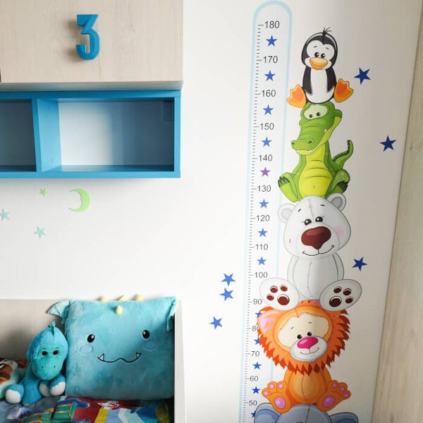INSPIO Dětské samolepky na zeď - Modrý metr s barevnými zvířátky (180 cm)