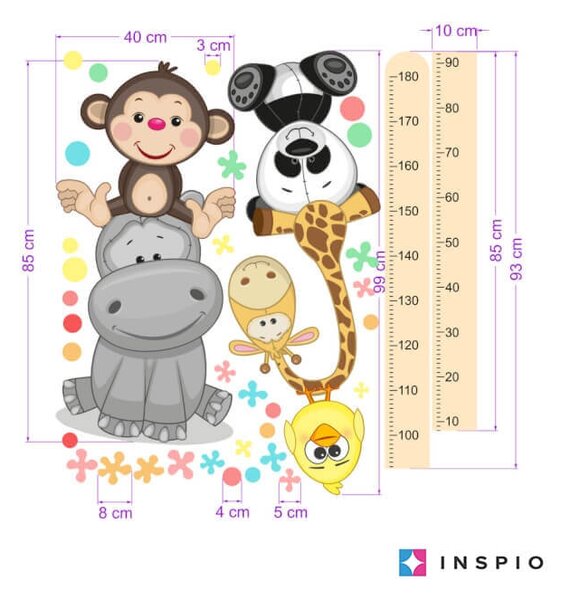 INSPIO Samolepky do dětského pokoje - Oranžový dětský metr s veselými zvířatky